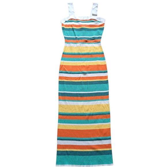 MinkPink Kosa Striped Knit Midi Dress Orange Multi Color Medium NWT - Picture 1 of 11